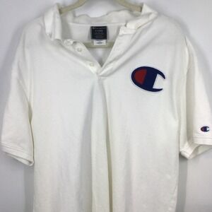 Champion XL White Logo Polo Shirt Big C‎ Pique Chenille Streetwear Athleisure